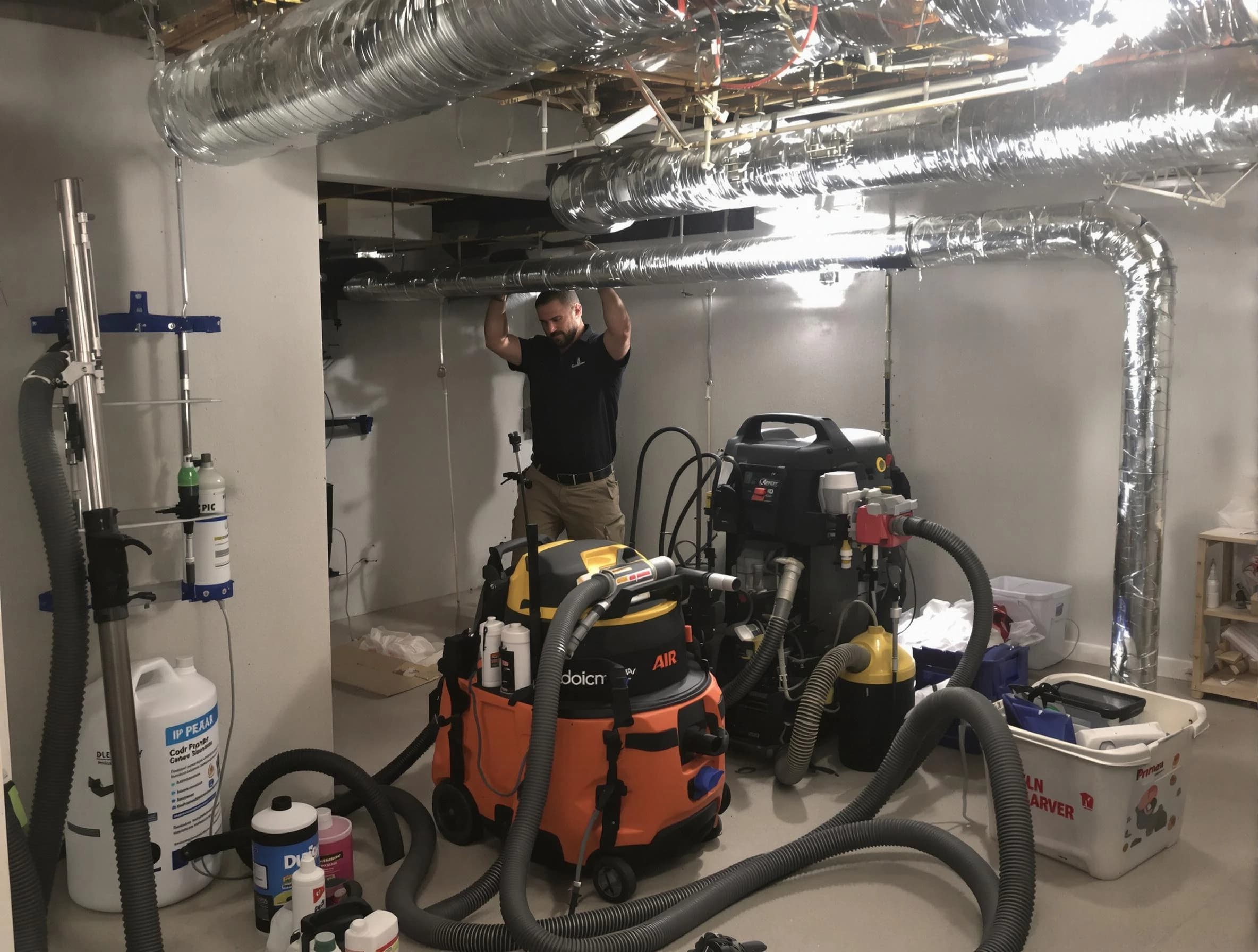 Center Air Duct Cleaning specialist performing professional mold removal from air ducts using safety equipment in Center