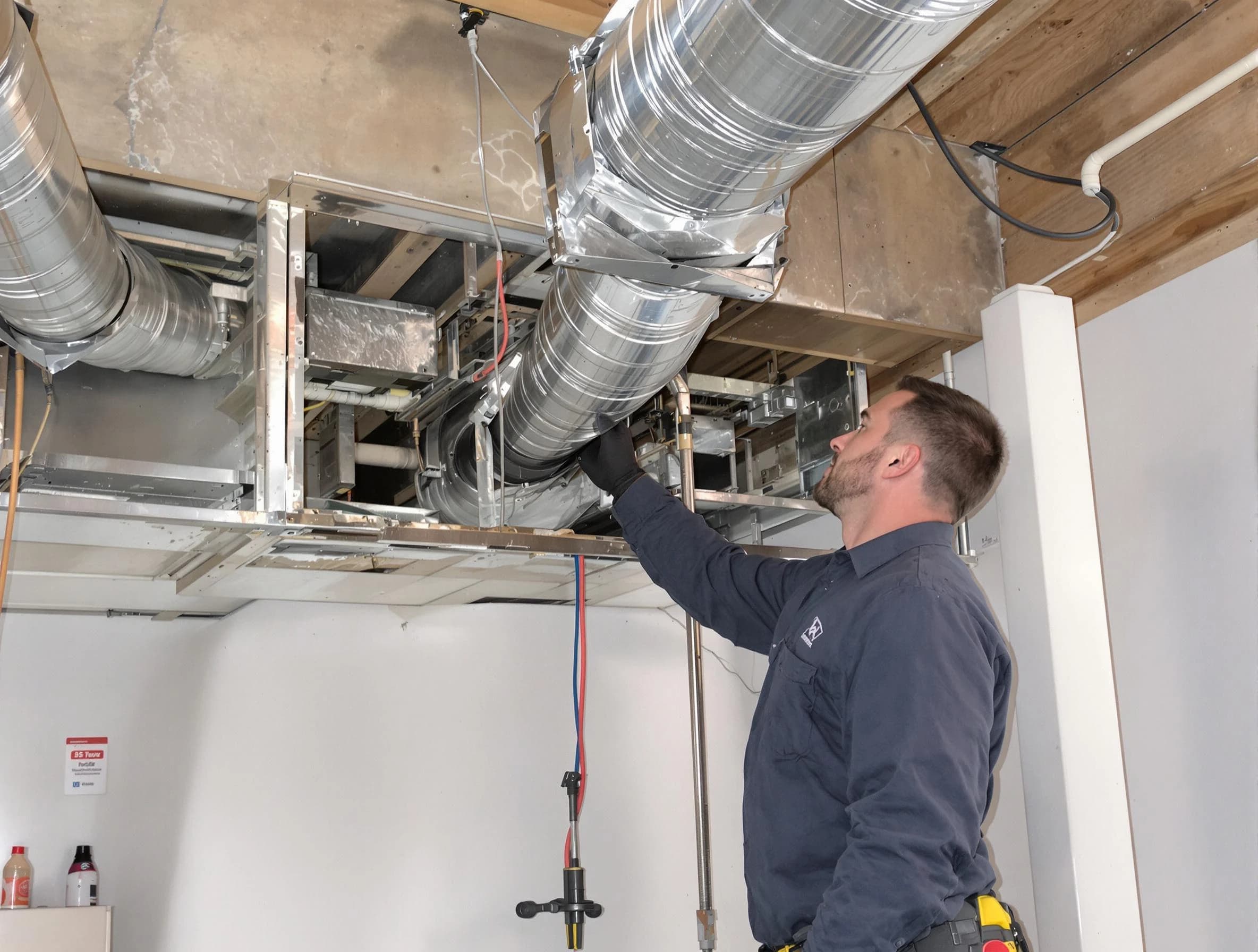 Center Air Duct Cleaning technician performing professional air duct repair using specialized tools in Center