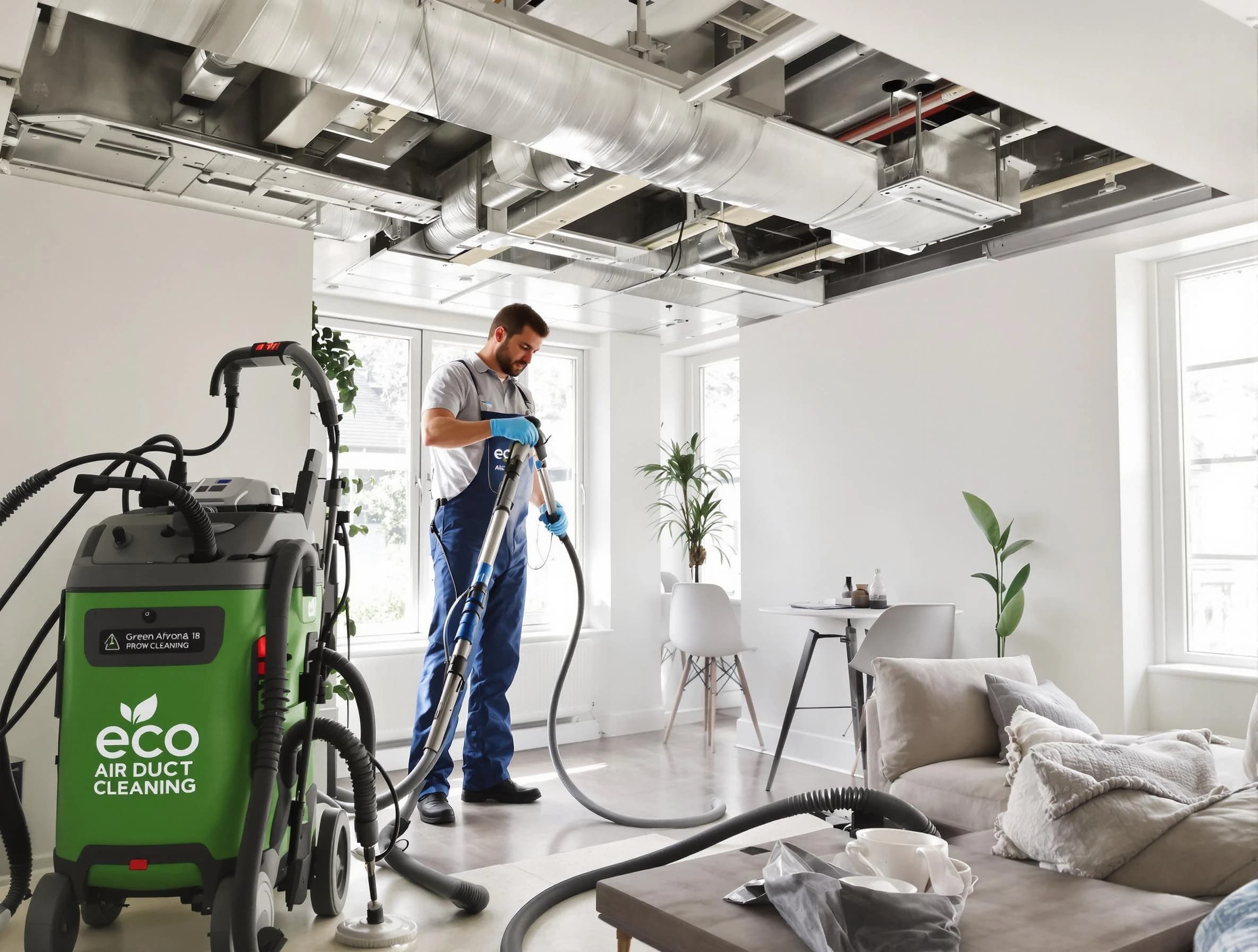 Center Air Duct Cleaning technician performing eco-friendly duct cleaning using sustainable methods in Center