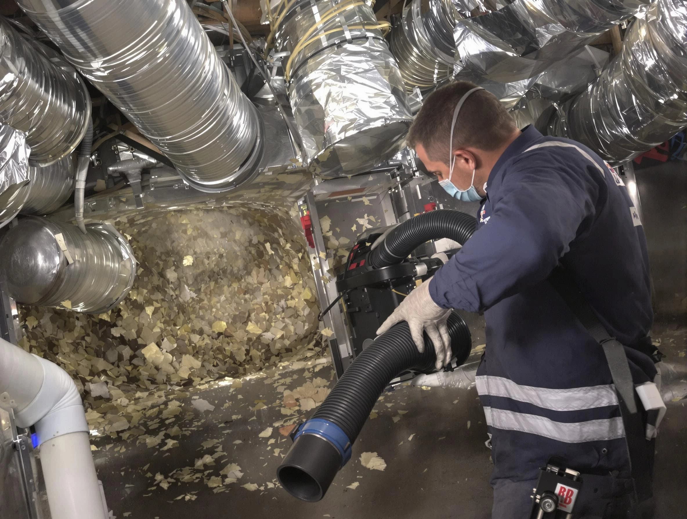 Center Air Duct Cleaning specialist operating negative pressure cleaning equipment for thorough duct maintenance in Center