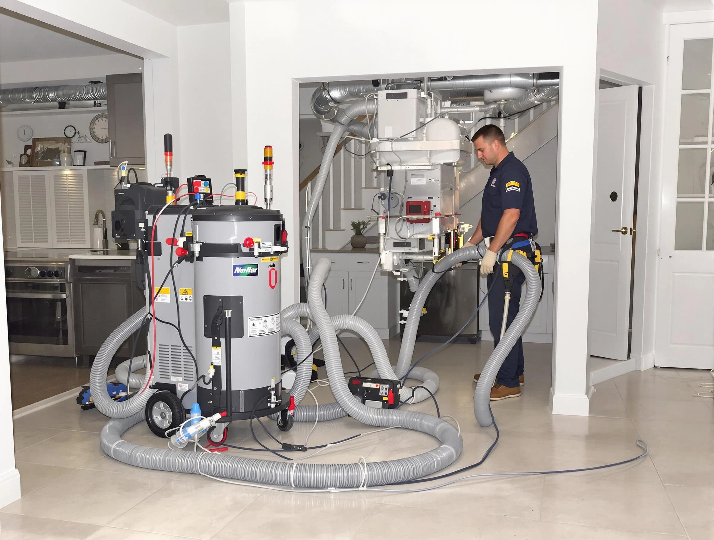 Center Air Duct Cleaning technician operating negative pressure cleaning equipment for thorough duct maintenance in Center