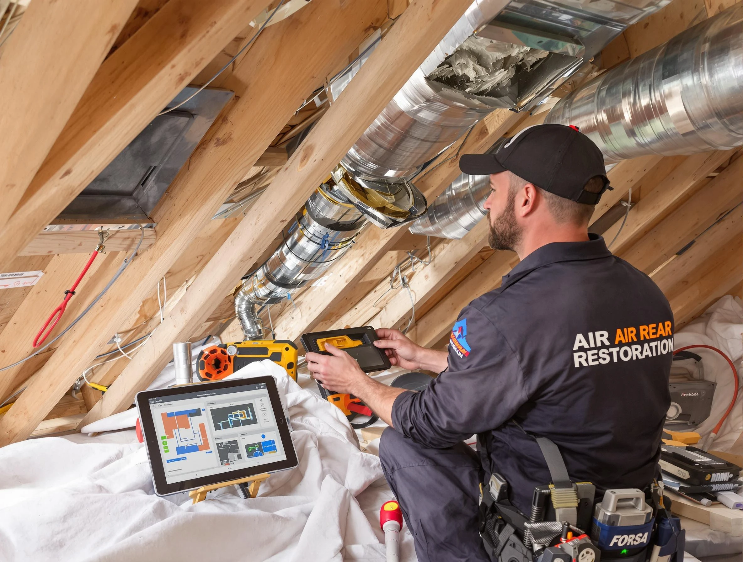 Center Air Duct Cleaning technician performing precise duct repair work in Center