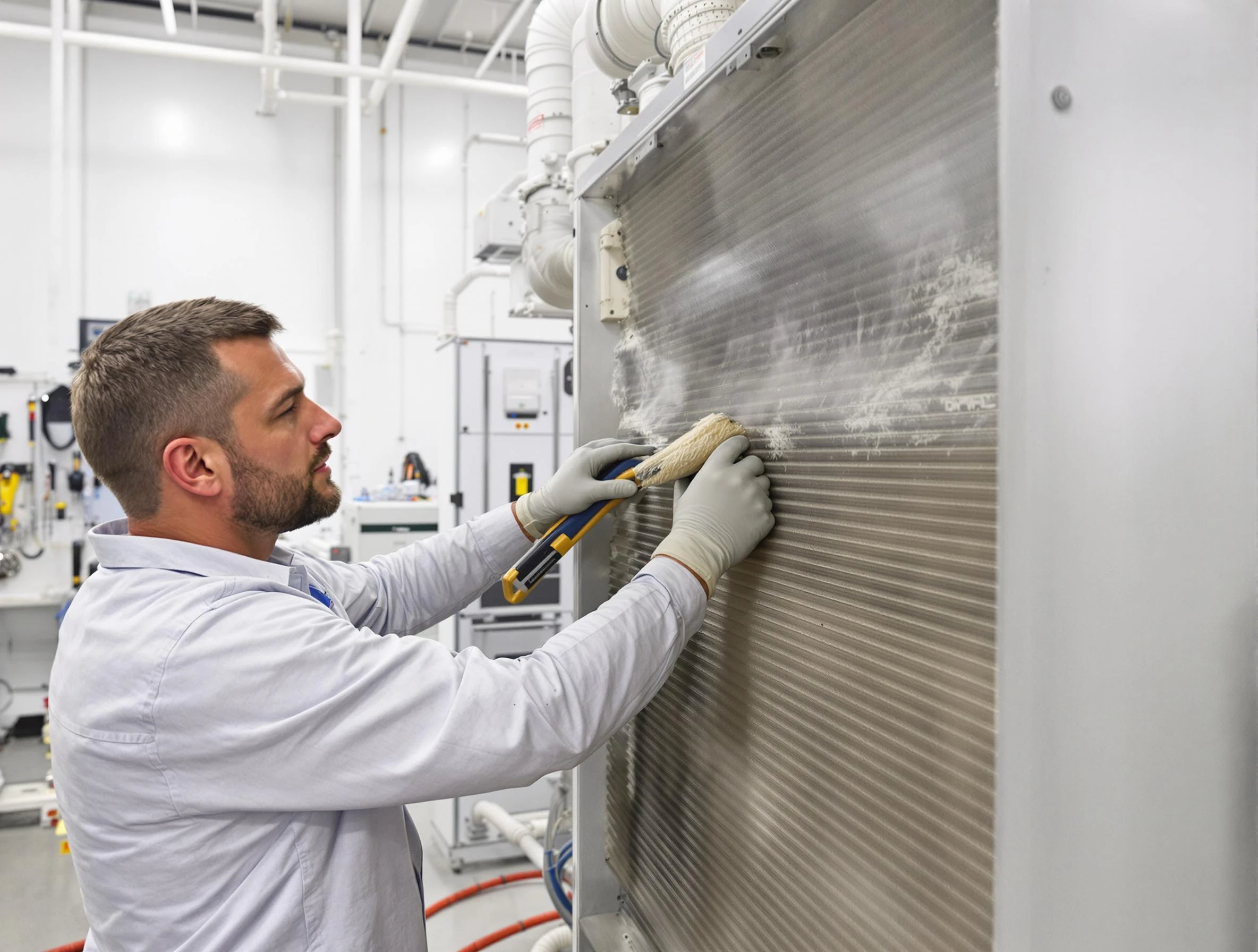 Center Air Duct Cleaning technician performing precision commercial coil cleaning at a Center business