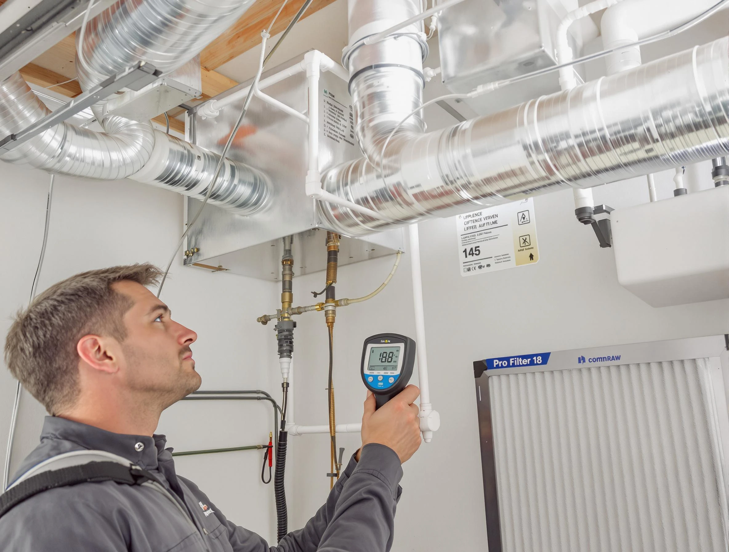 Center Air Duct Cleaning expert conducting detailed filter system inspection using diagnostic tools in Center