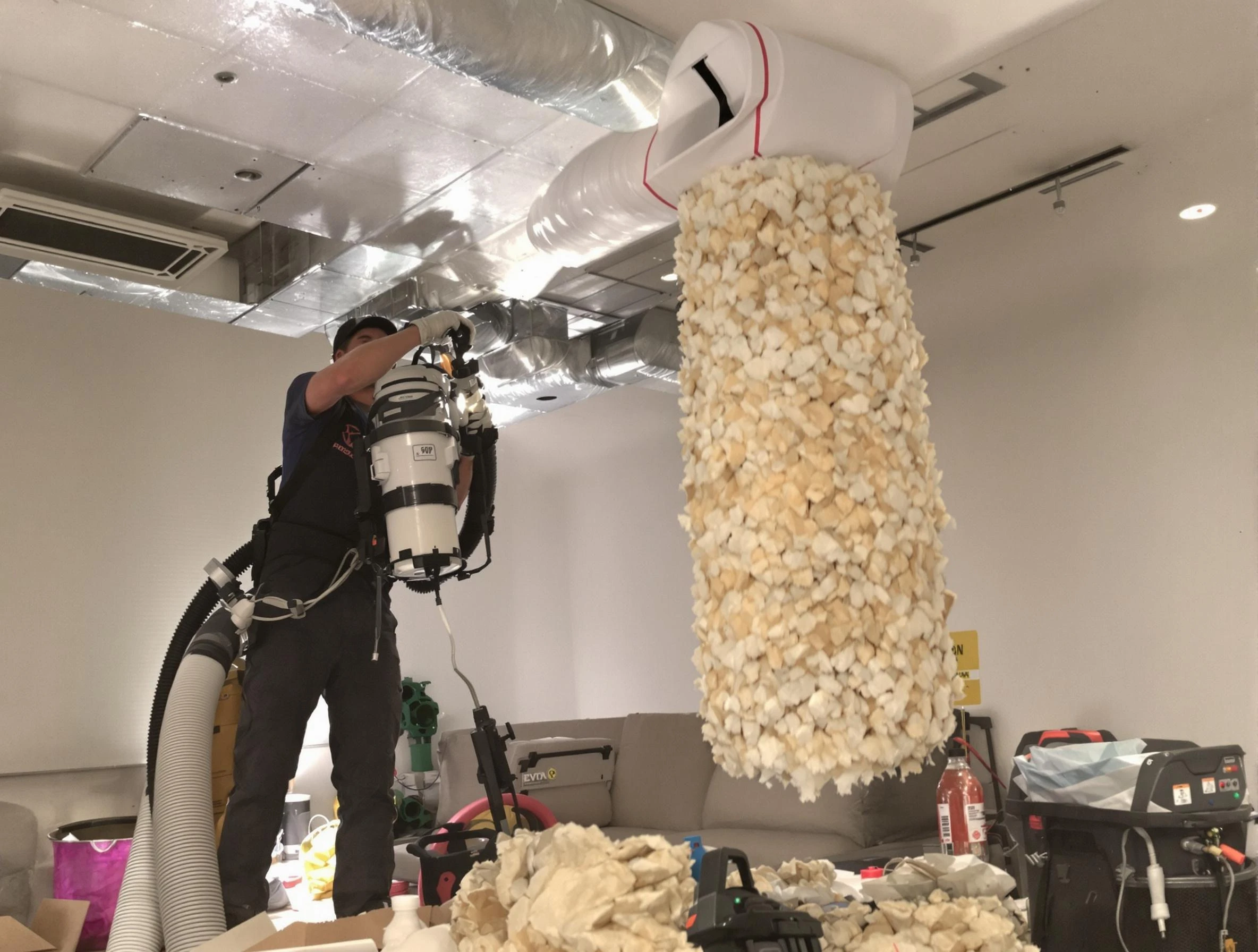 Center Air Duct Cleaning technician performing precision vacuum insulation removal in a residential property in Center